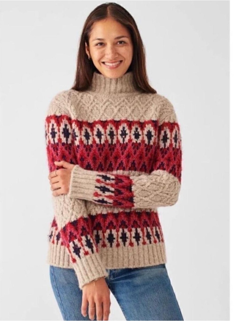 Faherty Alpaca Wool Fair Isle Mock Neck Sweater Womens Large Tan Red Excellent - Picture 2 of 11